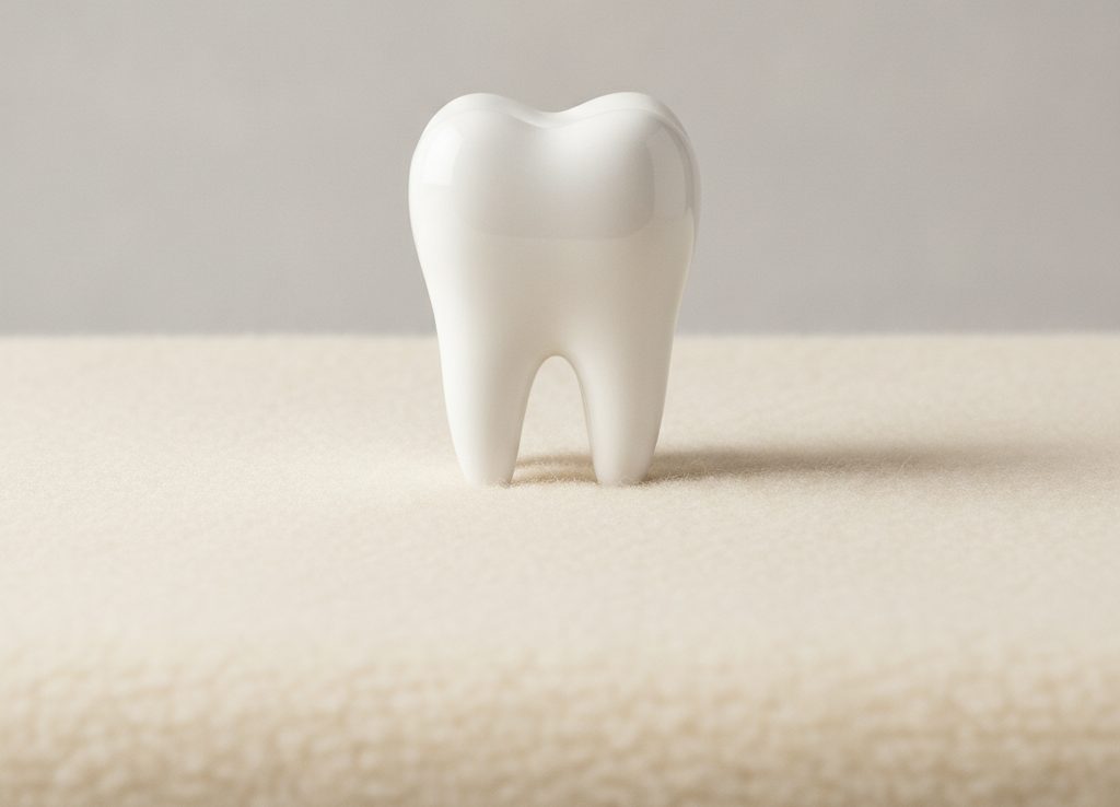 White ceramic tooth model on a soft neutral surface